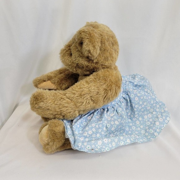 Vtg Vermont Teddy Bear Company Jointed Tan Light Brown Bear in Blue Floral Dress - Picture 4 of 9